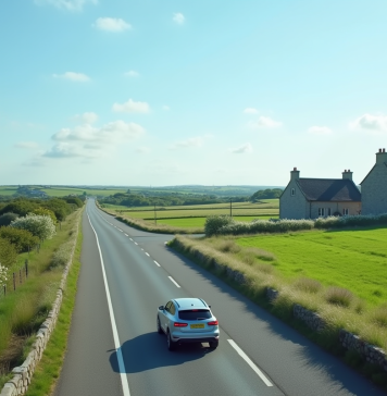 Voyager facilement en Bretagne grâce aux autoroutes gratuites Voiture moderne sur une route bretonne verdoyante