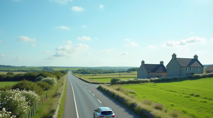 Voiture moderne sur une route bretonne verdoyante