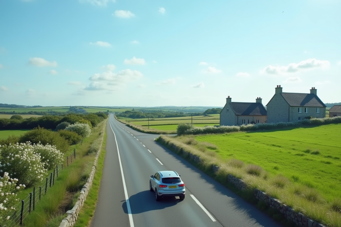 Voiture moderne sur une route bretonne verdoyante